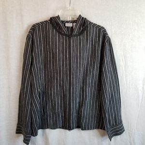 Chico's Women's Jacket Size 3 Black White Striped Linen Zipper‎ Up Hoodie